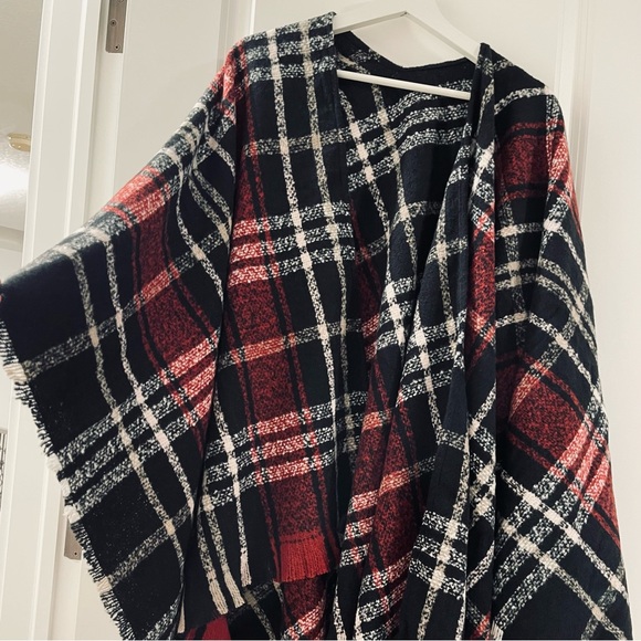 New Women Plaid Poncho Sweater Cardigan Knitted Tassel Opne Front Shawl Cape - Picture 7 of 9